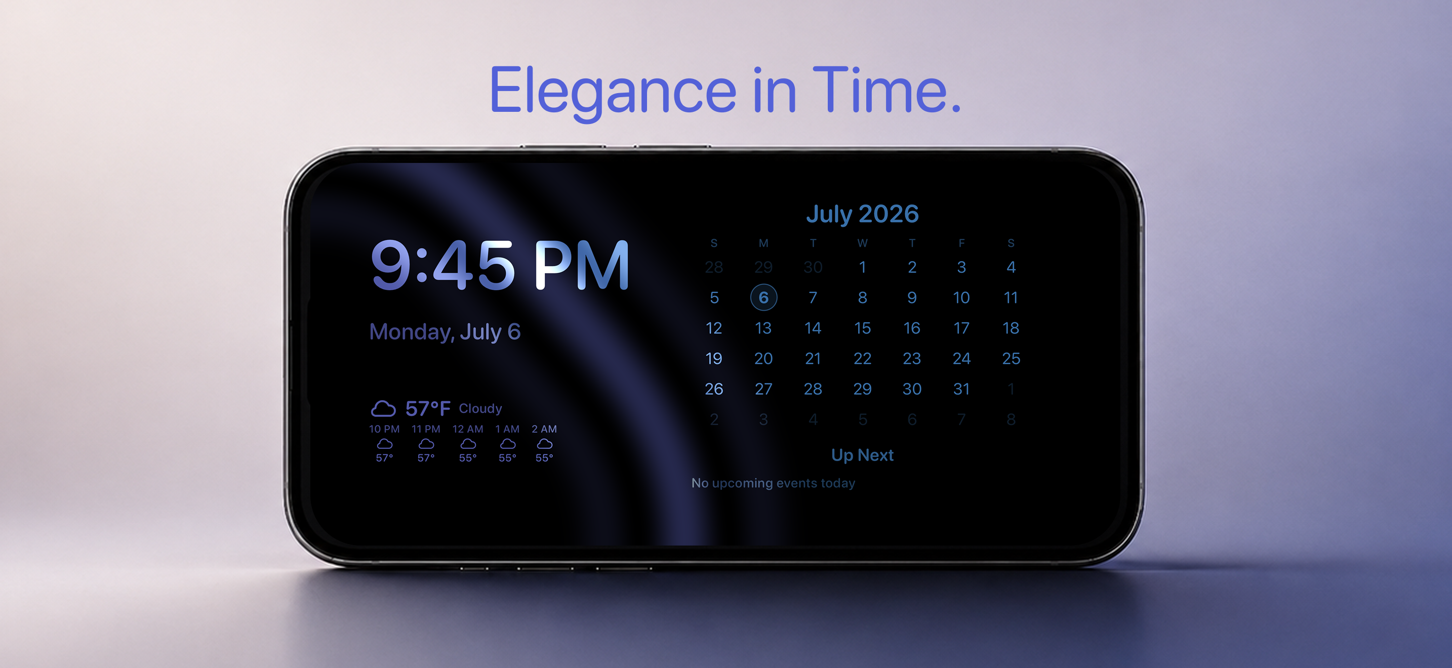AlwaysOn Desk Clock showing time, weather, calendar, and upcoming events on a landscape iPhone display.
