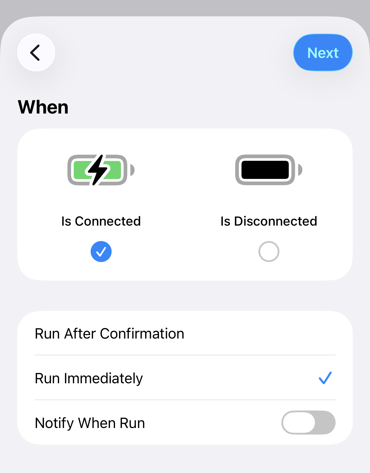 Charger automation options with Is Connected and Run Immediately selected.