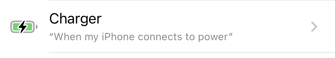 Shortcuts trigger list showing the Charger option.
