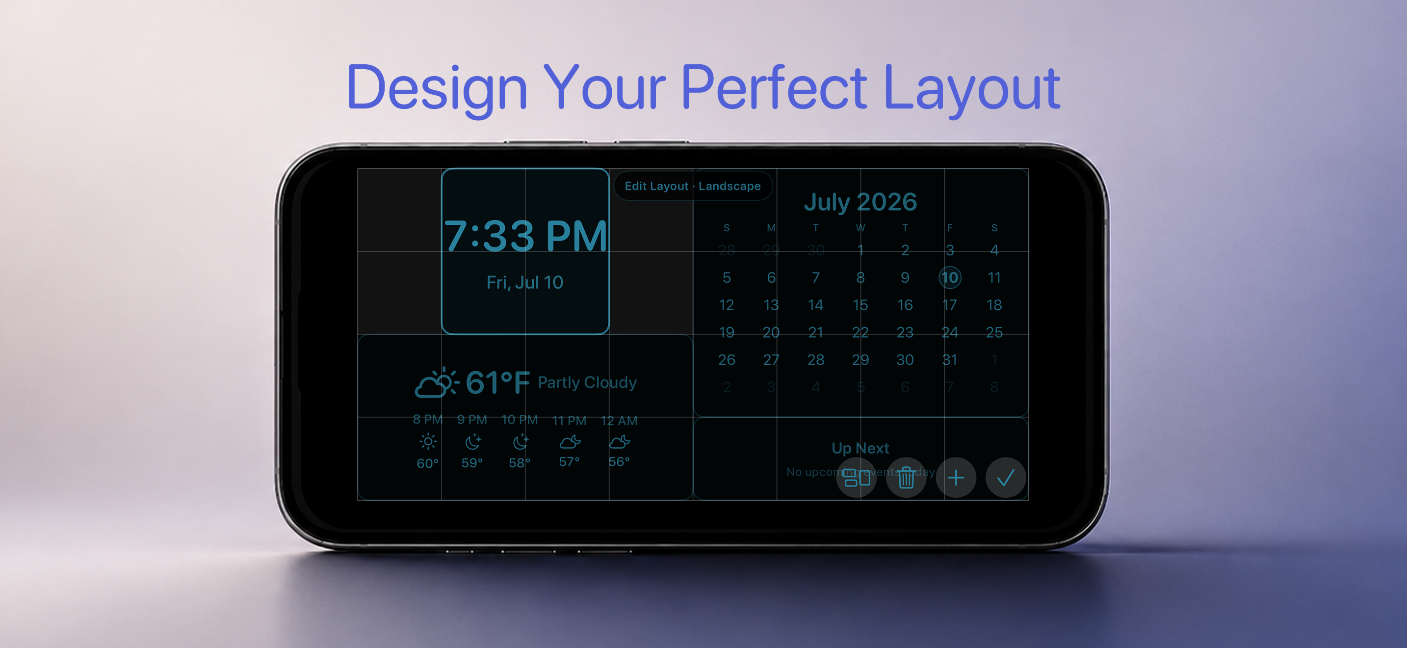 AlwaysOn Desk Clock edit mode with widgets arranged on a landscape iPhone display.