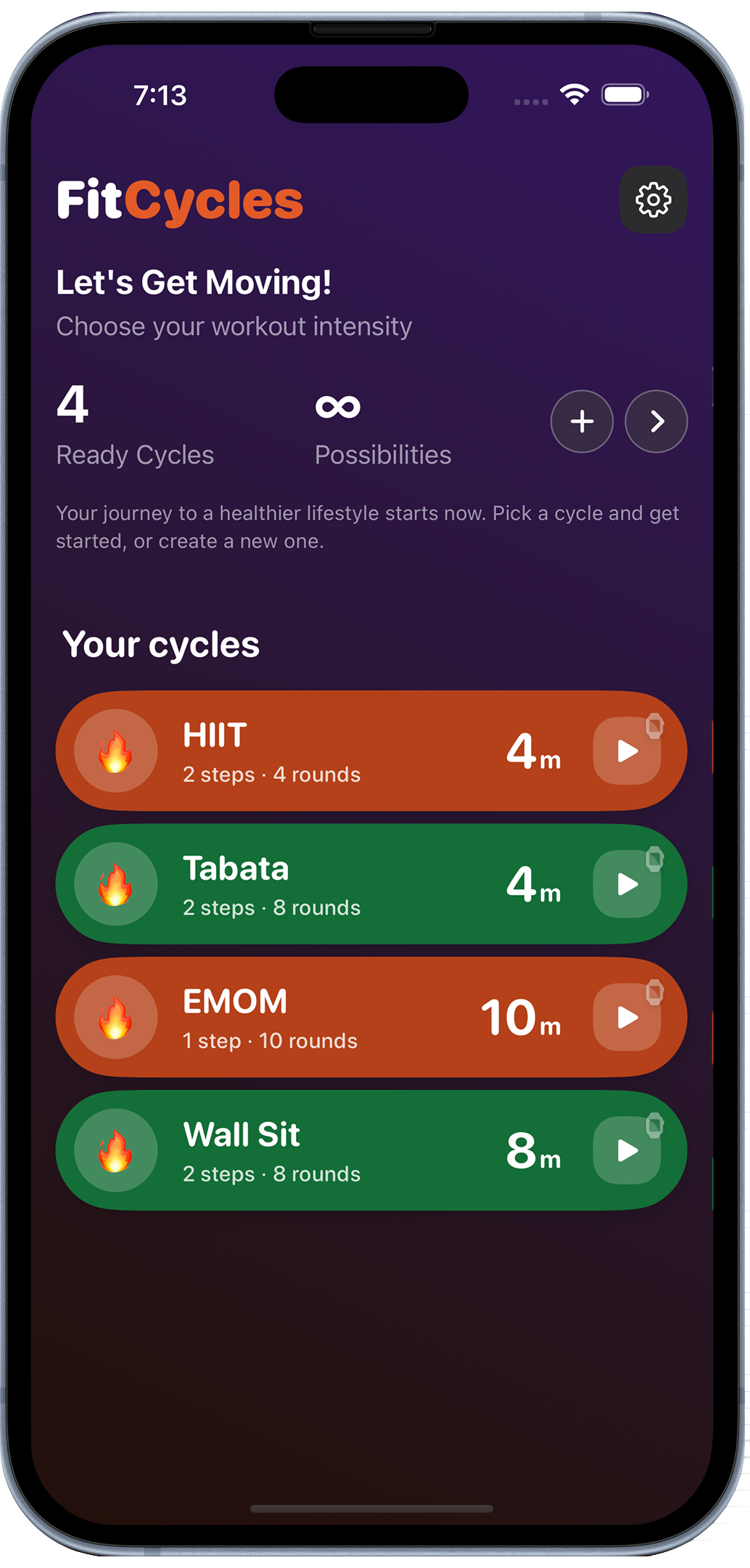 FitCycles interval timer showing an active workout timer on iPhone.