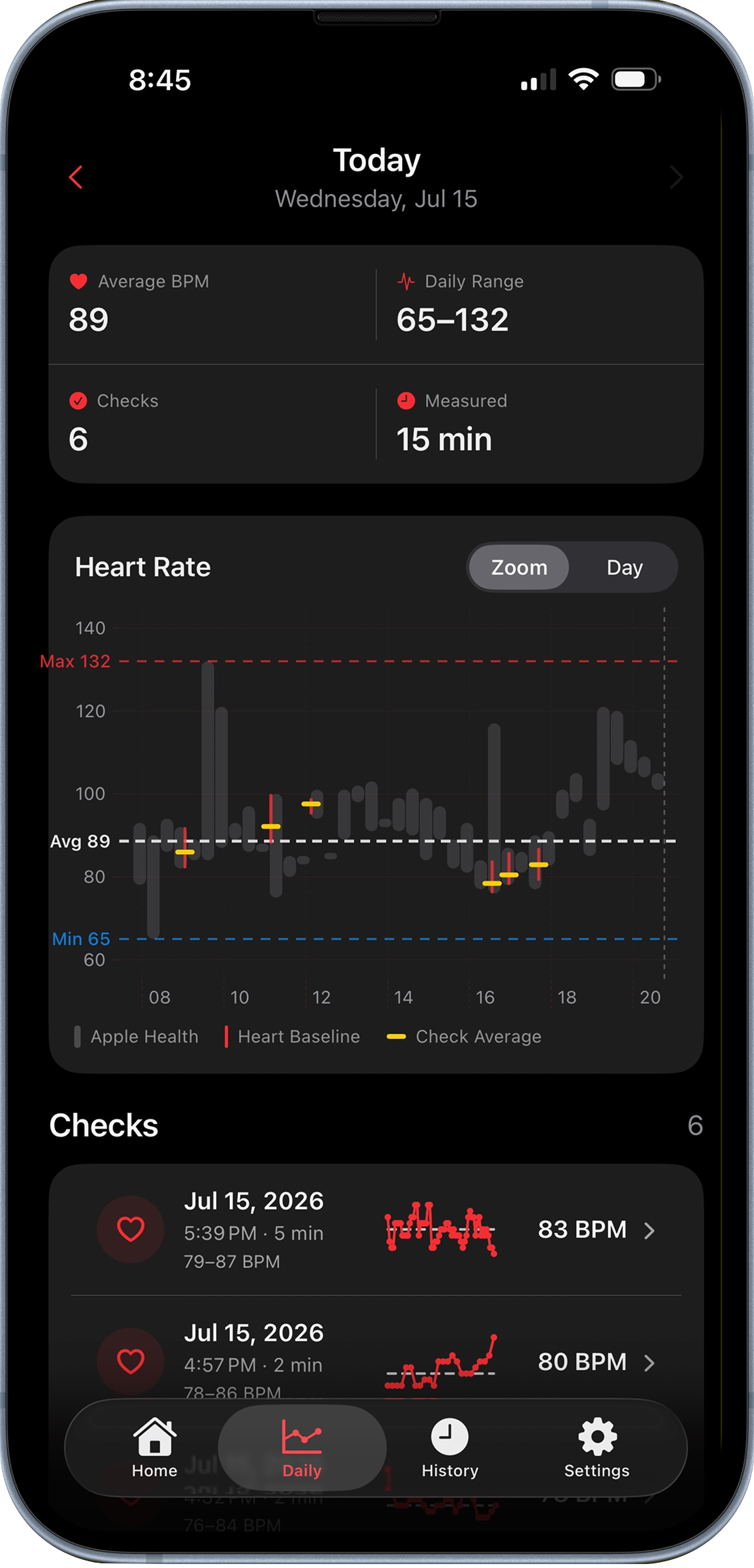 Heart Baseline daily screen comparing focused checks with daily heart-rate trends on iPhone.