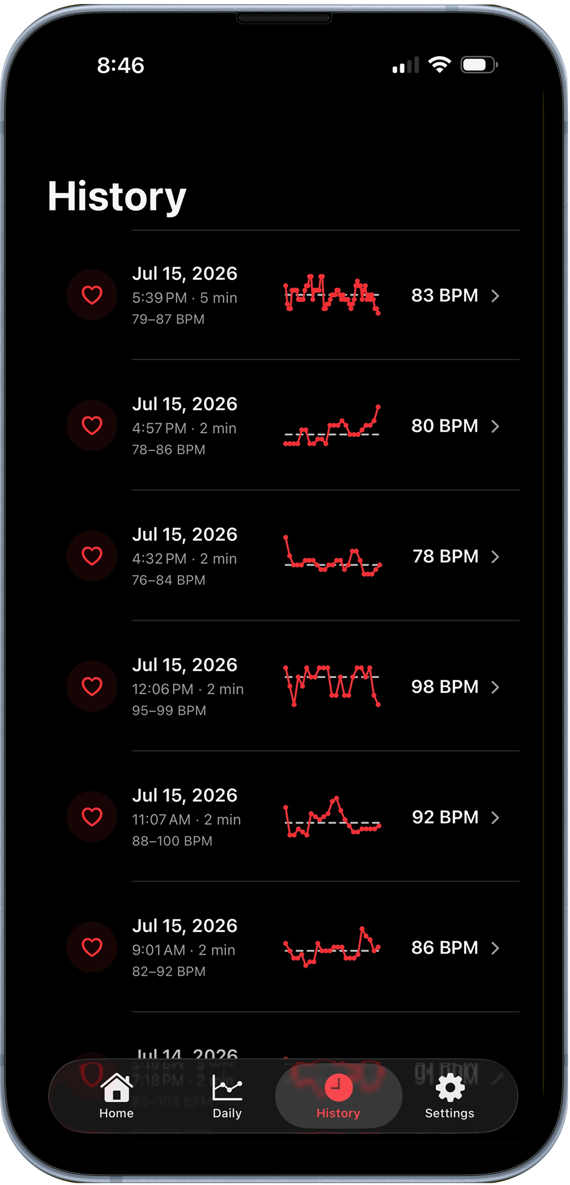 Heart Baseline history screen showing previous checks, averages, and ranges on iPhone.