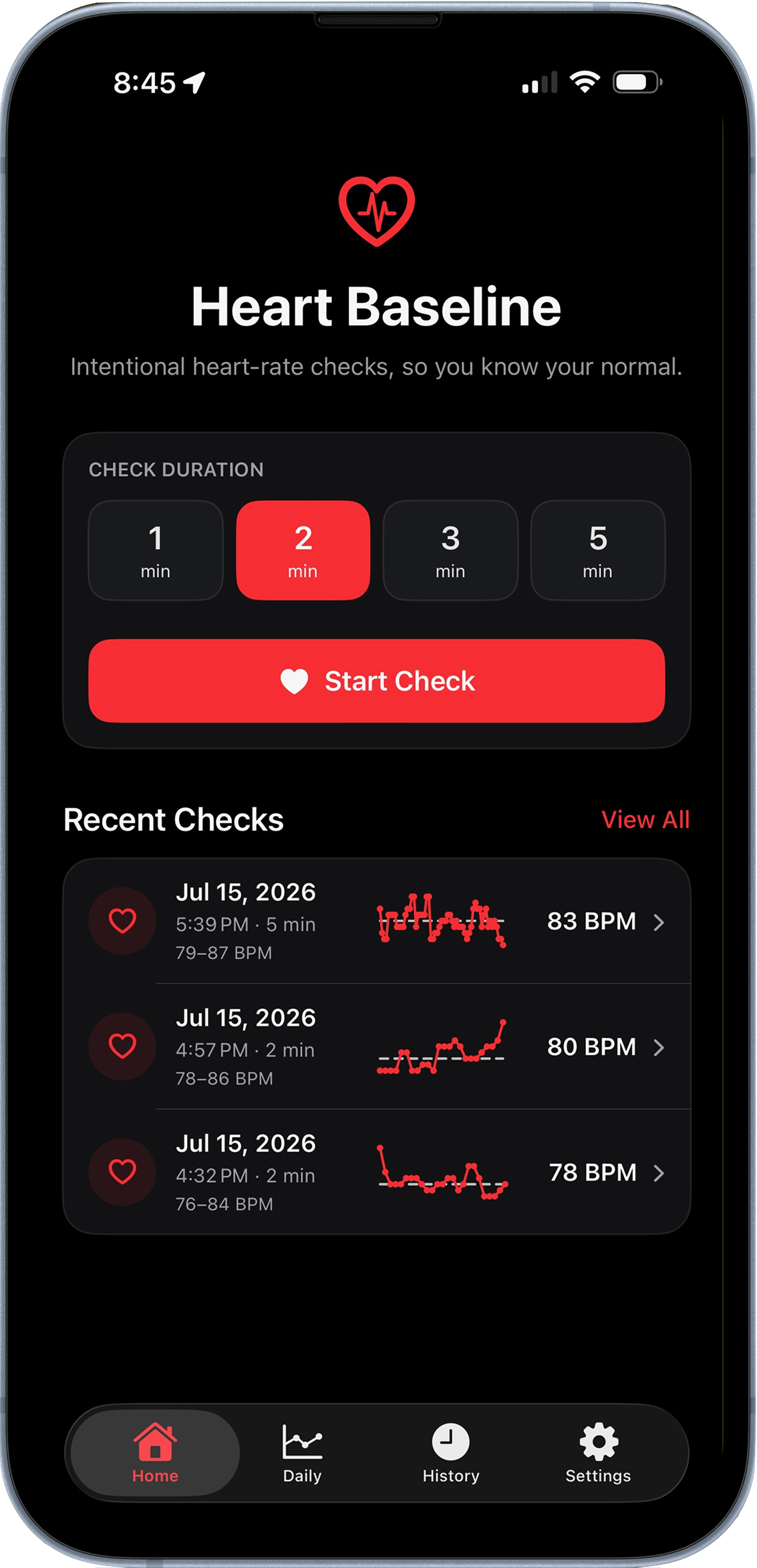 Heart Baseline home screen showing duration choices and recent checks on iPhone.