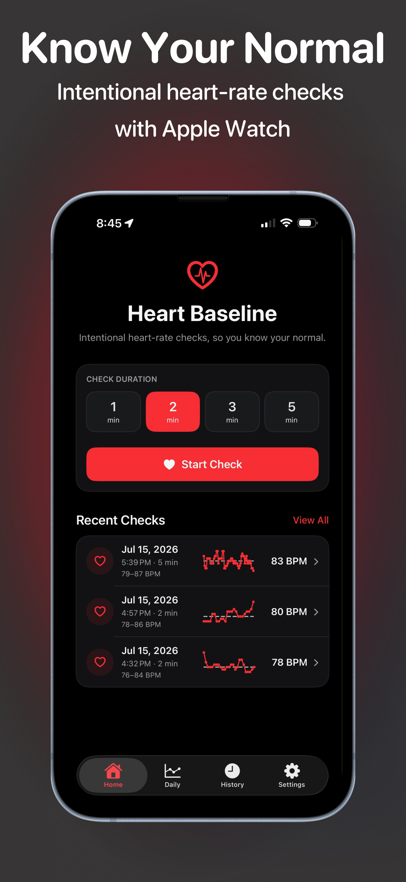 Heart Baseline home screen with duration choices, a Start Check button, and recent heart-rate checks.