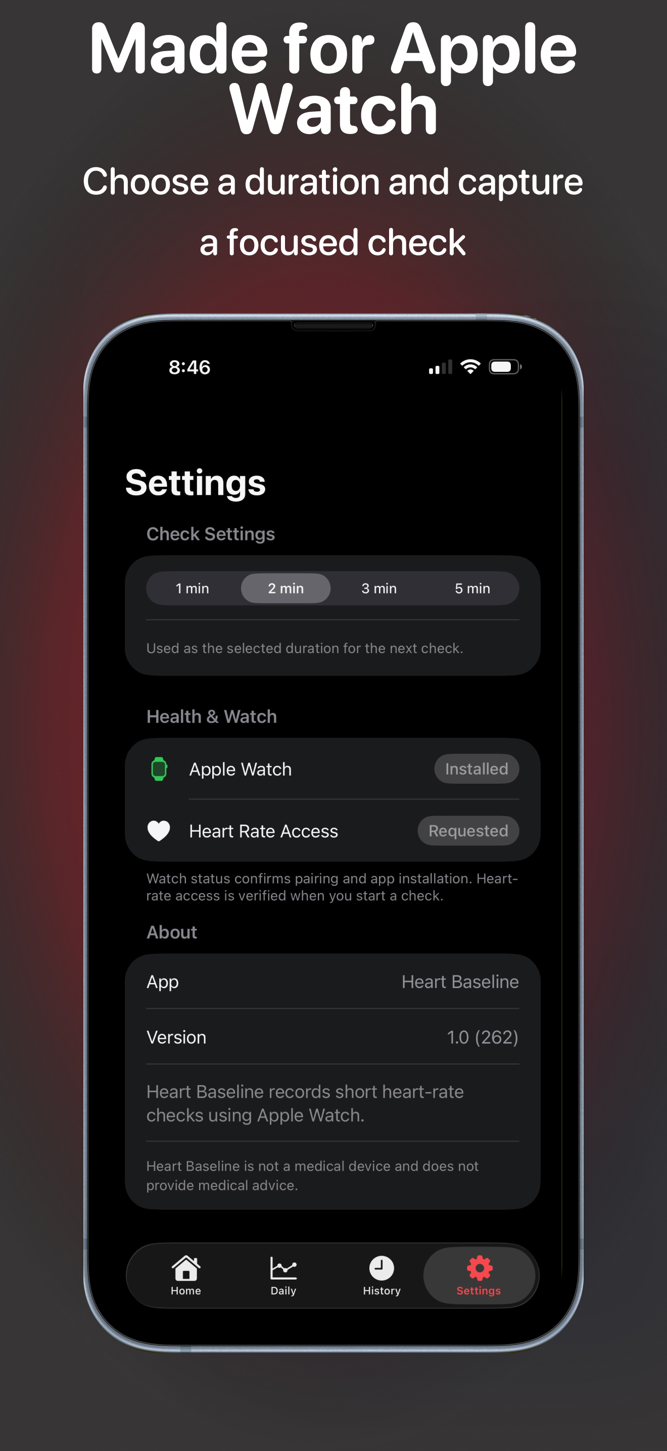 Heart Baseline settings showing check duration, Apple Watch installation, and heart-rate access status.