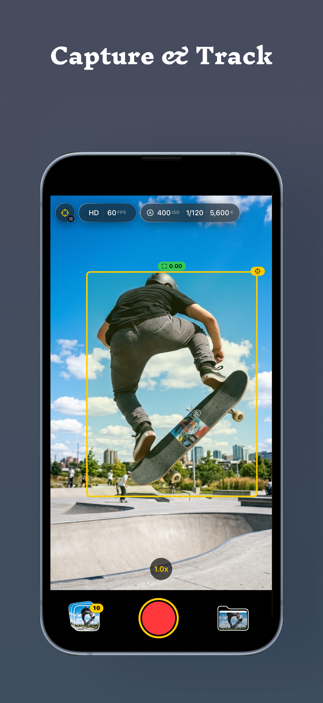 SpeedLens capture interface showing camera controls and a tracked skateboarder.