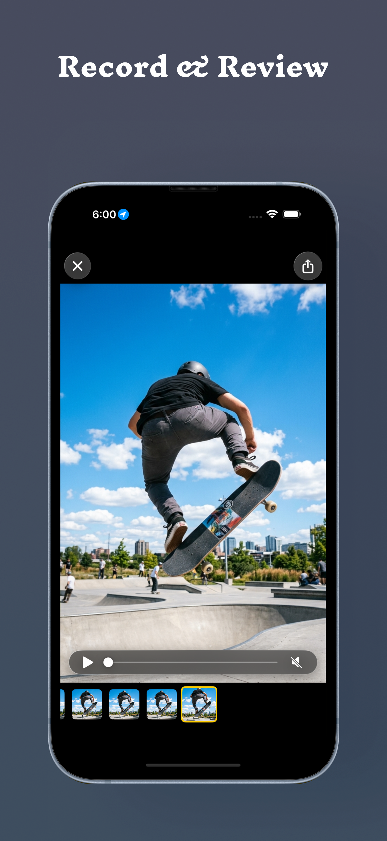 SpeedLens recorded-video review interface with playback controls and frame thumbnails.