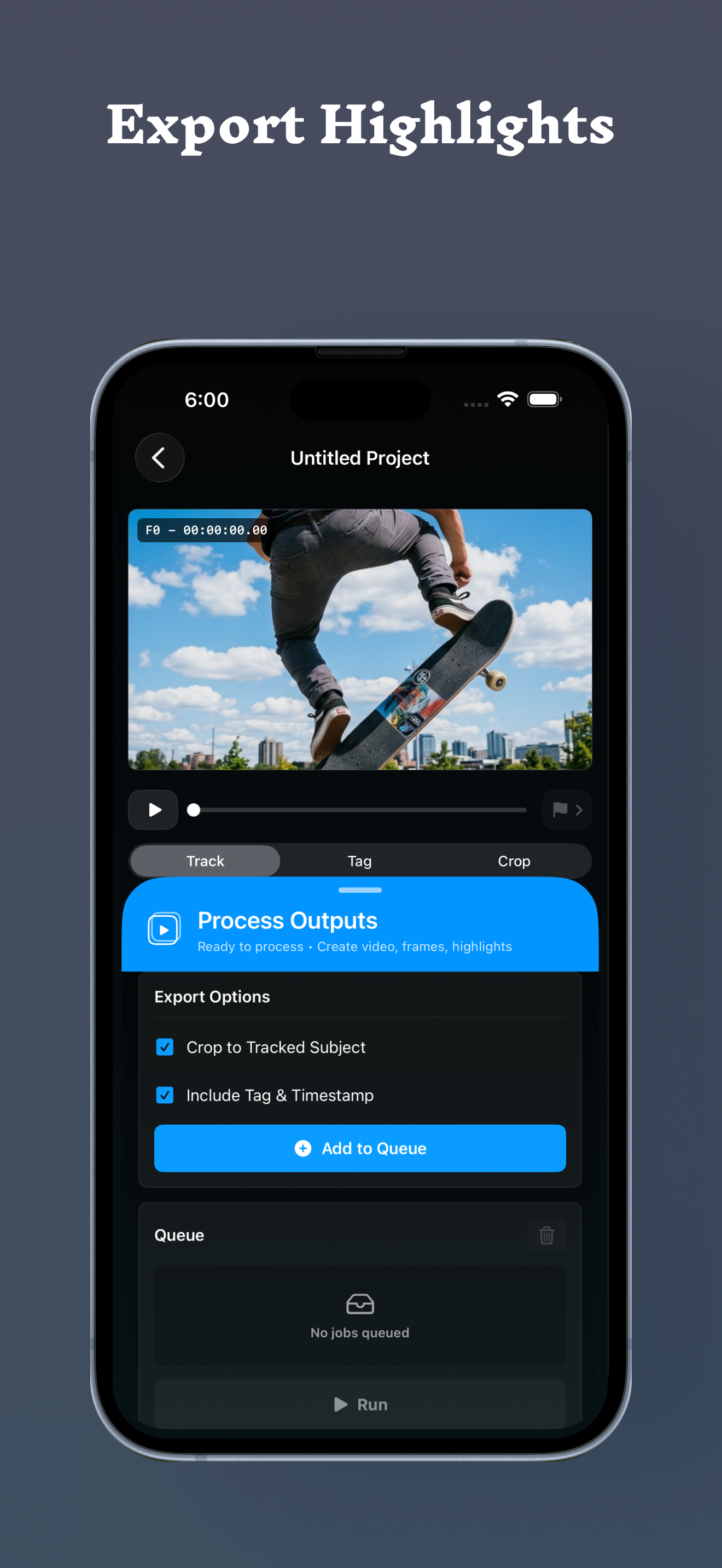 SpeedLens review and process-output interface showing Track, Tag, and Crop modes plus crop and Tag and Timestamp output options.